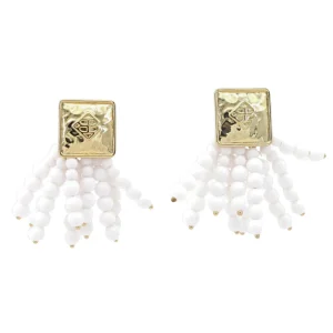 Square BC Icon White Beaded Earrings-Brianna Cannon New