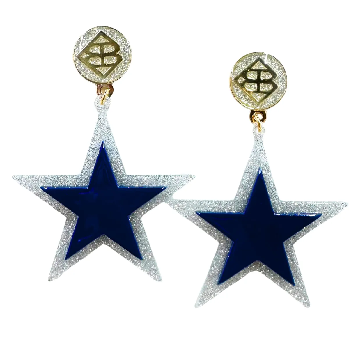 team_colors__navy_blue_st_0.webp Team Colors - Navy Blue Star Earrings over Silver Glitter with Silver Glitter Large BC Logo Top-Brianna Cannon New