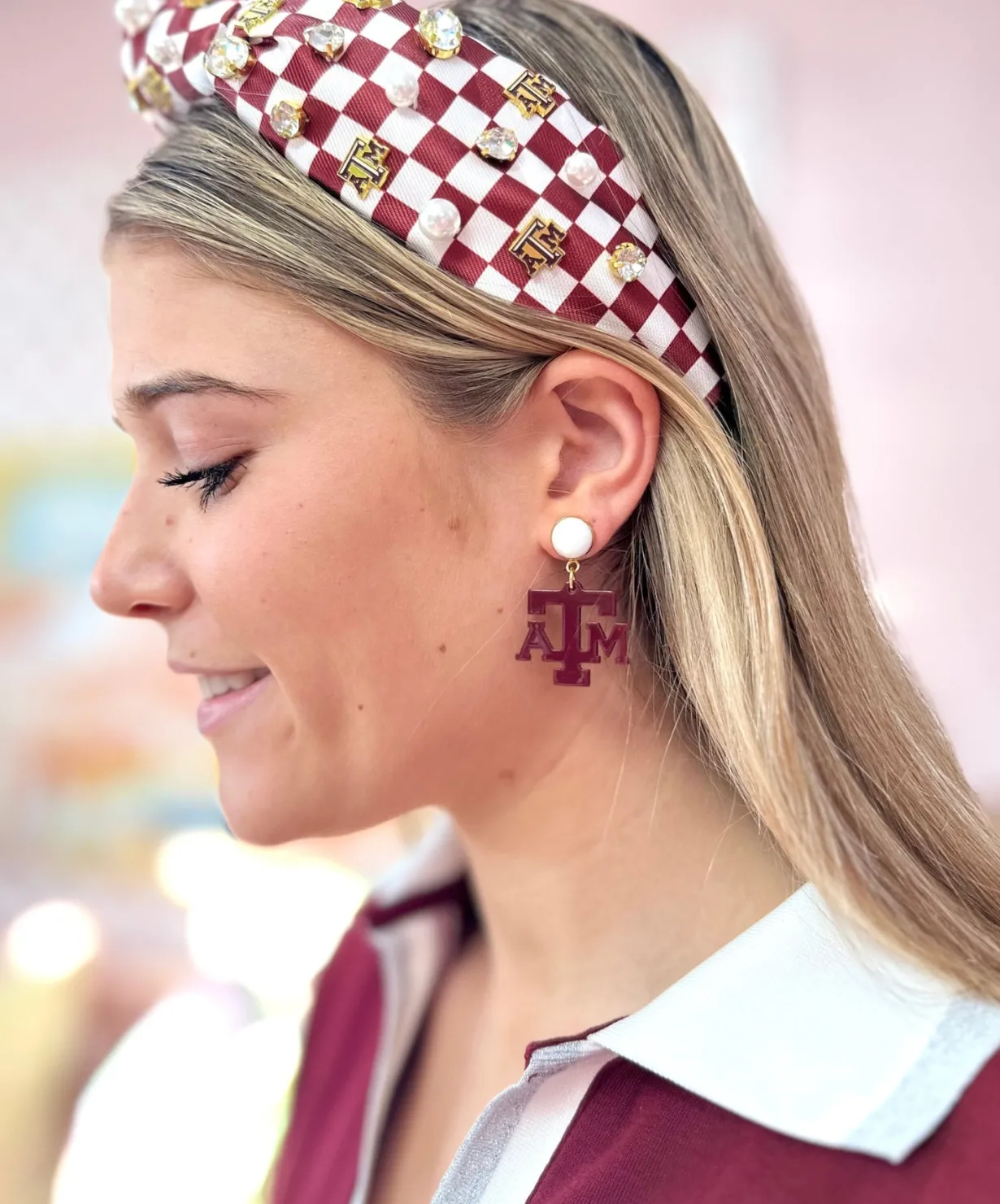 texas_am_mini_maroon_am_e_1.webp Texas A&M Mini Maroon A&M Earrings-Brianna Cannon Hot