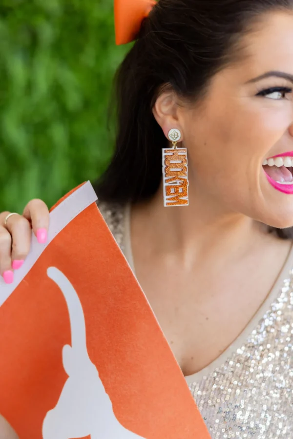 Texas Burnt Orange Glitter HOOK'EM HORNS Earrings-Brianna Cannon Fashion