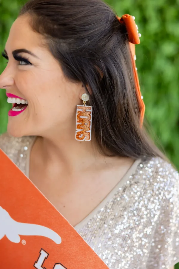 Texas Burnt Orange Glitter HOOK'EM HORNS Earrings-Brianna Cannon Fashion