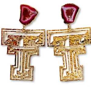 Texas Tech Gold Logo Earrings with Red Geode-Brianna Cannon Clearance