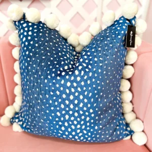 Thibaut Designer Pillow Cover - Gazelle in Blue with Jumbo Pom Trim-Brianna Cannon Hot