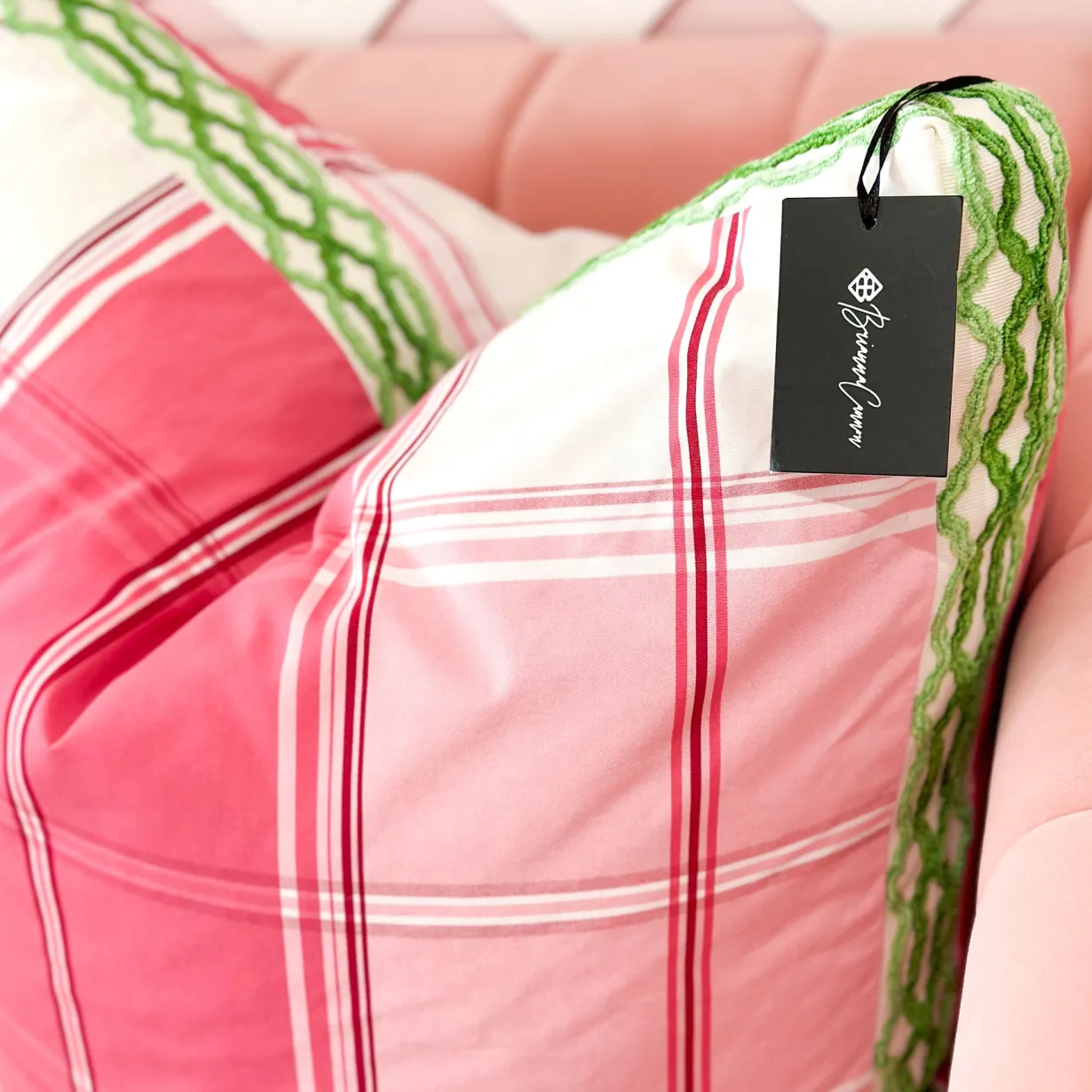 thibaut_designer_pillow_c_3-1.webp Thibaut Designer Pillow Cover - New England Plaid in Raspberry with Hartney Trim-Brianna Cannon Best