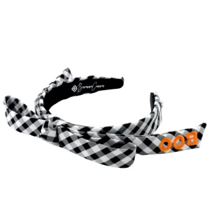 Thin Black & White Gingham BOO Embroidered Ribbon Bow Headband-Brianna Cannon New