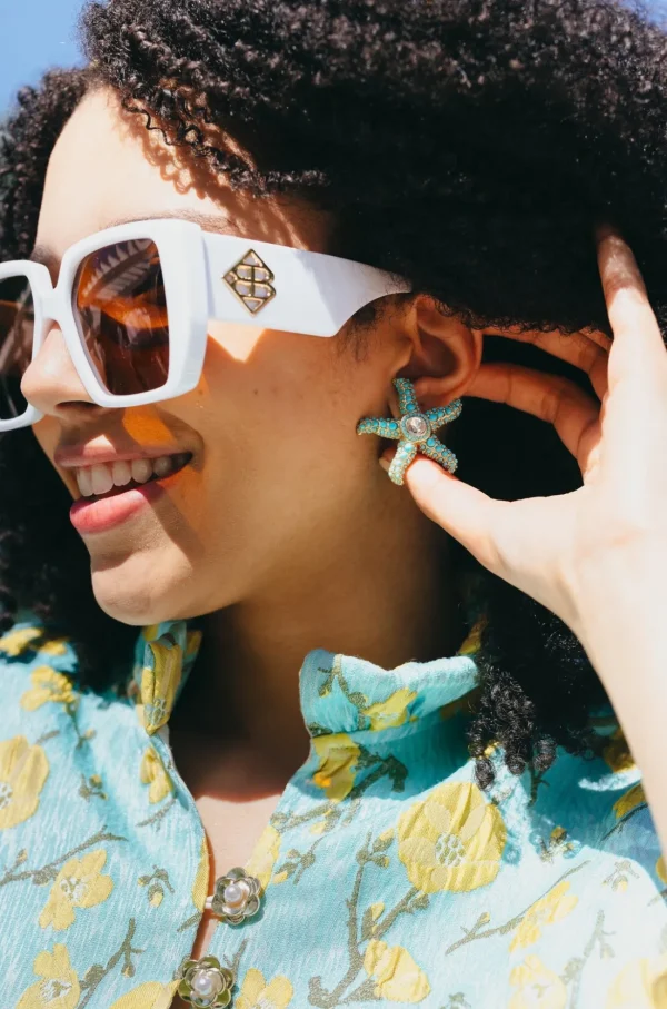 Turquoise Cabochon and Crystal Starfish Stud Earrings-Brianna Cannon Online
