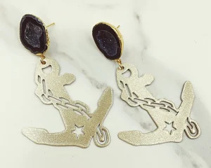 Vanderbilt Gold Tone Anchor Earrings with Black Geode-Brianna Cannon New