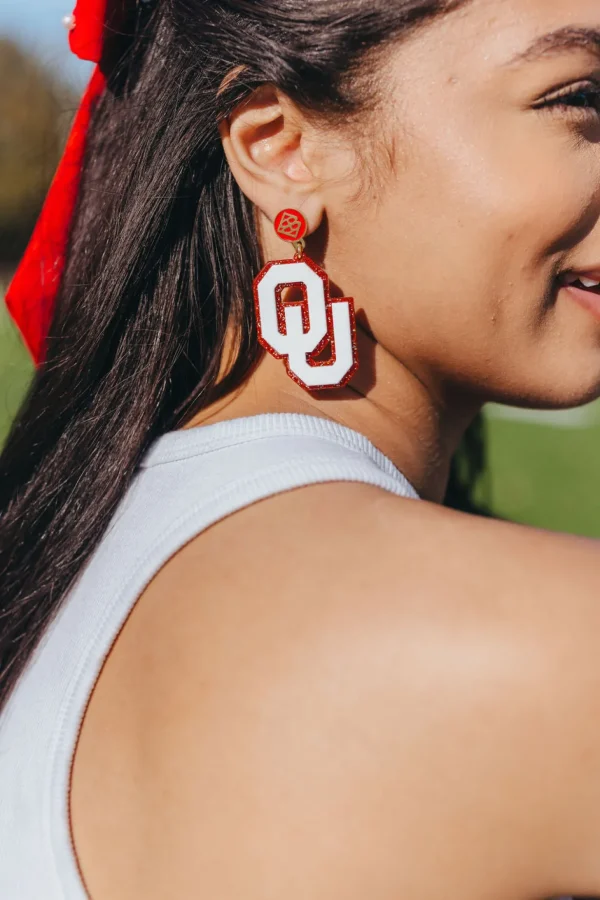White and Crimson Glitter OU Earrings-Brianna Cannon Sale