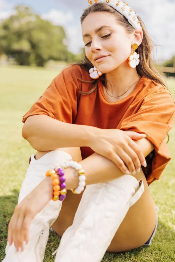 White and Orange Clemson Paw Earrings-Brianna Cannon Sale