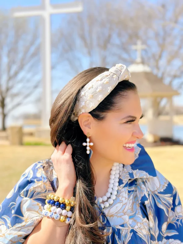 White Cabochon Cross Earrings with White Beads-Brianna Cannon Discount