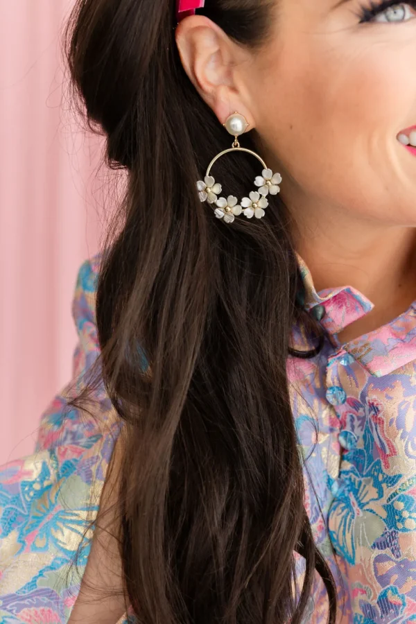 White Pearl Flower Drop Hoop Earrings-Brianna Cannon Clearance
