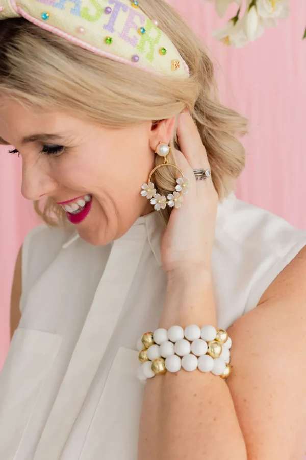 White Pearl Flower Drop Hoop Earrings-Brianna Cannon Clearance