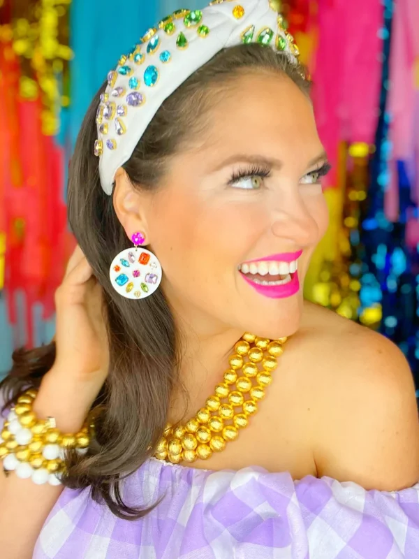 White Round Drop Earrings with Rainbow Crystals-Brianna Cannon Outlet