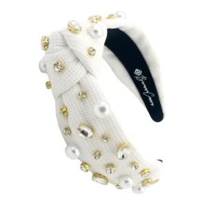 White Twill Headband with Large Pearls and Crystals-Brianna Cannon Clearance
